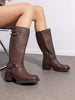 Women's Motorcycle Boots Side Zipper Knee High Boots Square Toe Chunky Low Heel Buckle Decorated Biker Fashion Boots Festival Dresses For Woman